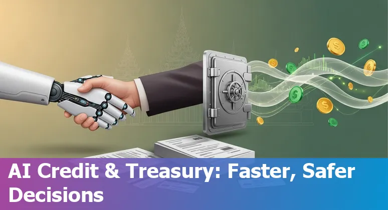 Illustration of AI-driven banking in Myanmar: Burmese chatbot, fraud detection dashboard, and treasury forecast on a laptop screen.