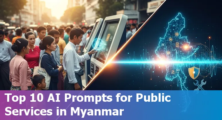 Illustration of Myanmar government AI use cases: chatbots, health surveillance, infrastructure sensors, and multilingual outreach.