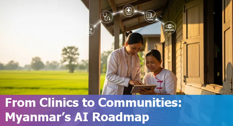 Illustration of healthcare AI in Myanmar showing telemedicine, medical imaging, and rural clinics in Myanmar