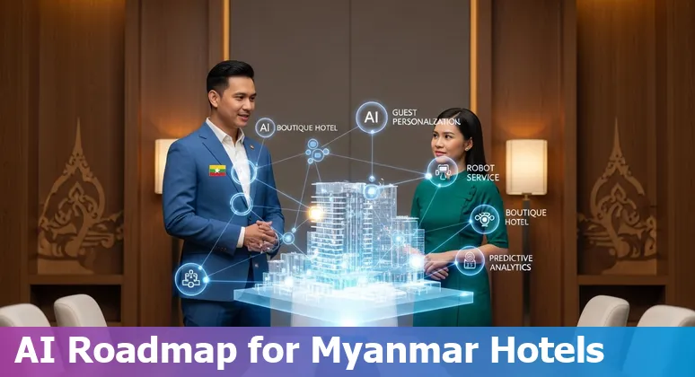 Hotel team using AI dashboard and Burmese chatbot in a Yangon hotel, Myanmar, 2025