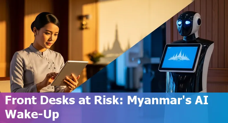 Hotel front desk, chatbot kiosk, housekeeping robot and staff collaborating in a Myanmar hotel