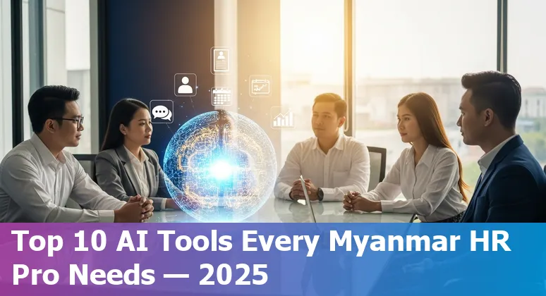Collage of AI icons and HR professionals in a Myanmar office setting