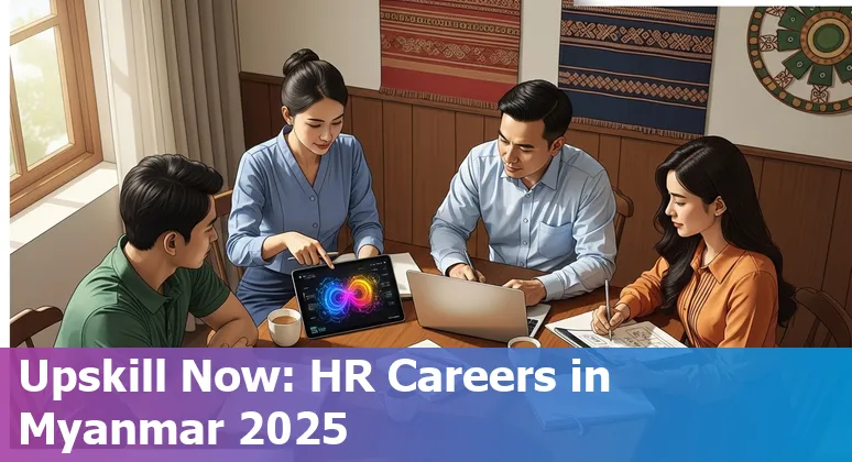 Illustration of AI and HR professionals discussing workforce change in Myanmar