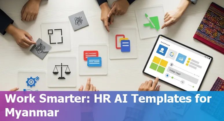 Myanmar HR professional reviewing AI prompt templates on a laptop, bilingual documents visible on screen