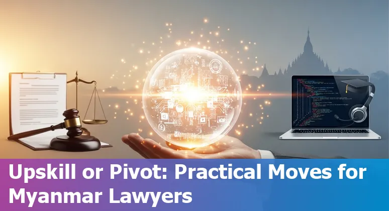 Lawyer using AI tools with a Myanmar flag backdrop — legal jobs in Myanmar 2025