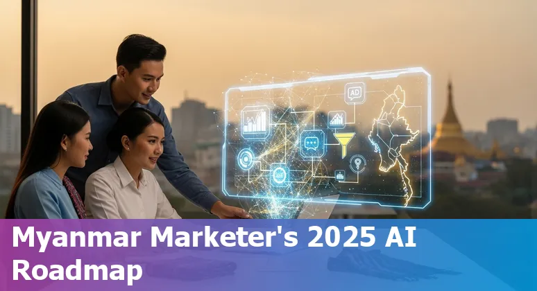 Myanmar marketer using AI tools and dashboards in 2025 — illustration of AI-powered marketing in Myanmar