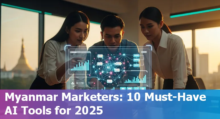 Logos collage: HubSpot, Mailchimp, Google Ads, Synthesia, Lumen5, VEED, Brandwatch, MarketMuse, Hootsuite Insights, Empower — Myanmar marketing AI tools