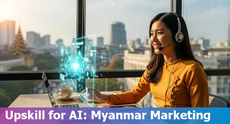 Graphic of AI and a marketer collaborating with Myanmar flag imagery, illustrating marketing jobs in Myanmar in 2025