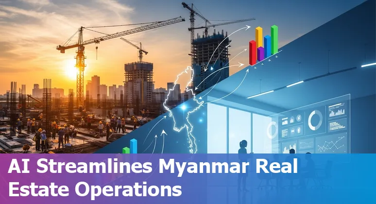 AI-driven cost savings and efficiency in Myanmar real estate operations, Yangon skyline with digital overlays