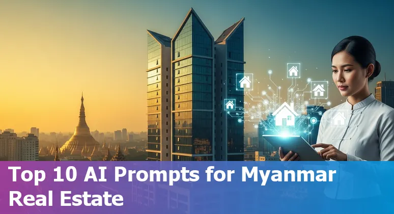 Illustration of AI applications in Myanmar real estate: chatbots, AVM charts, virtual staging and mapping overlay on Yangon.