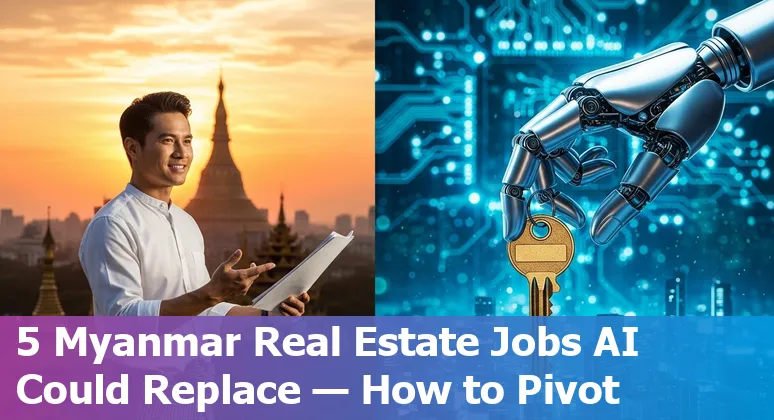 Myanmar real estate professional using AI tools on a laptop with Yangon skyline in the background
