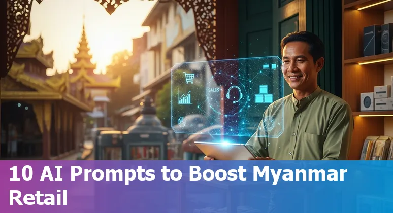 Illustration of AI in Myanmar retail: chatbot, recommendations, shelf camera and delivery van over Yangon skyline