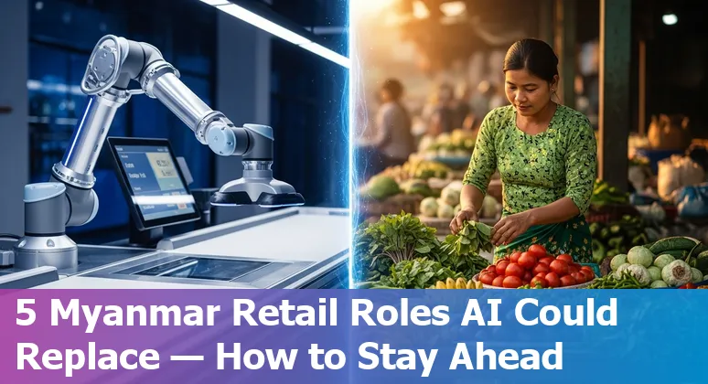Myanmar retail workers at a market and a modern store illustrating AI impact and reskilling opportunities