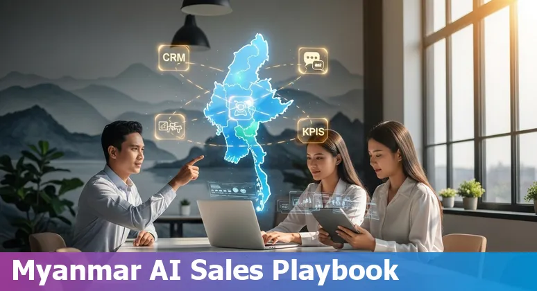 Sales professional using AI tools on a laptop with Myanmar flag colors — guide to AI for sales in Myanmar 2025