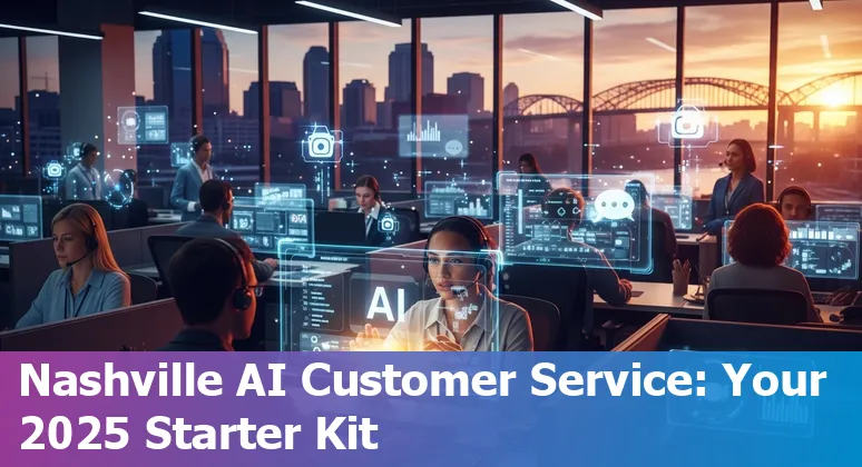 Customer service agent using AI chatbot on laptop in Nashville, Tennessee, US skyline background