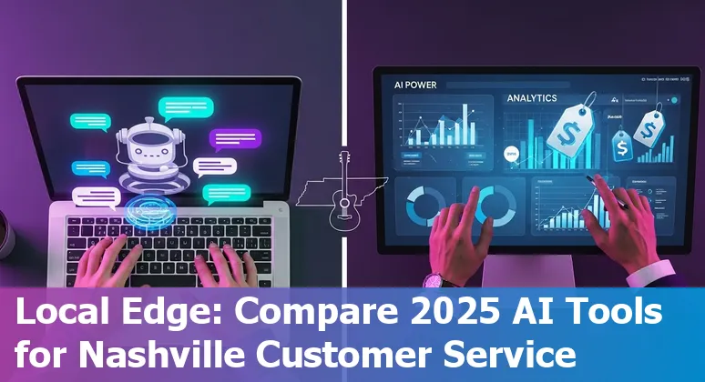 Customer service agent using AI chat tools on a laptop with Nashville skyline in background
