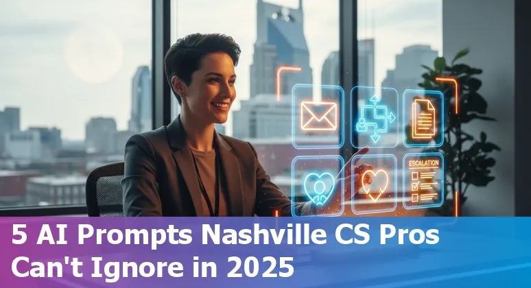 Customer service agent in Nashville using AI prompts on a laptop with skyline in background
