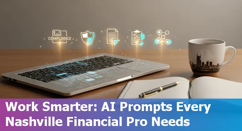 Finance professional in Nashville using AI on a laptop with Nashville skyline and conference badges in the background