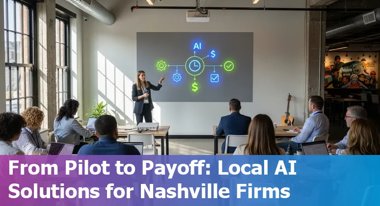 Illustration: AI helping financial services in Nashville, Tennessee reduce costs and improve efficiency, skyline silhouette with data icons.