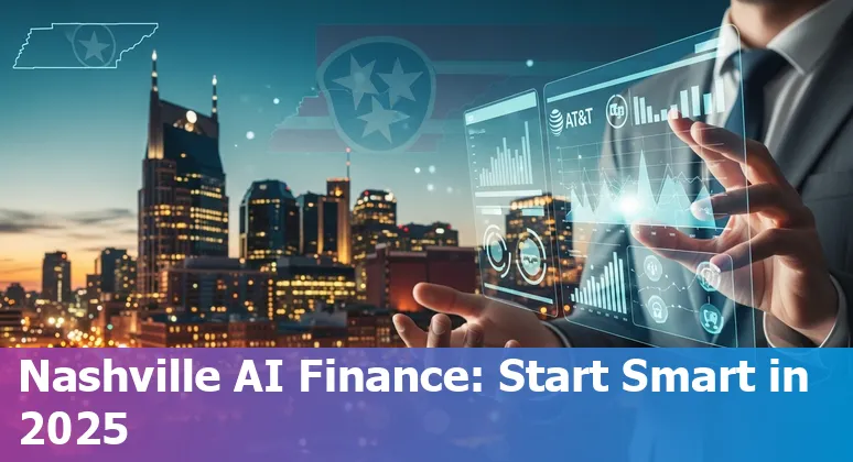 Illustration of AI in financial services with Nashville, Tennessee skyline and icons for fintech, compliance, and events