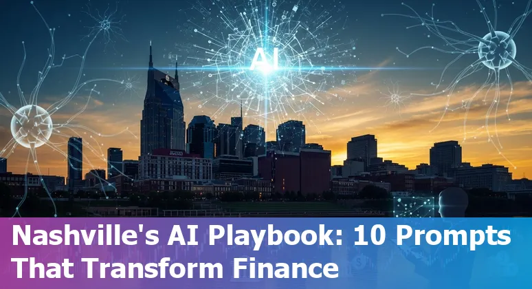 Business professional using AI chatbot to analyze financial documents in Nashville office, with skyline silhouette.