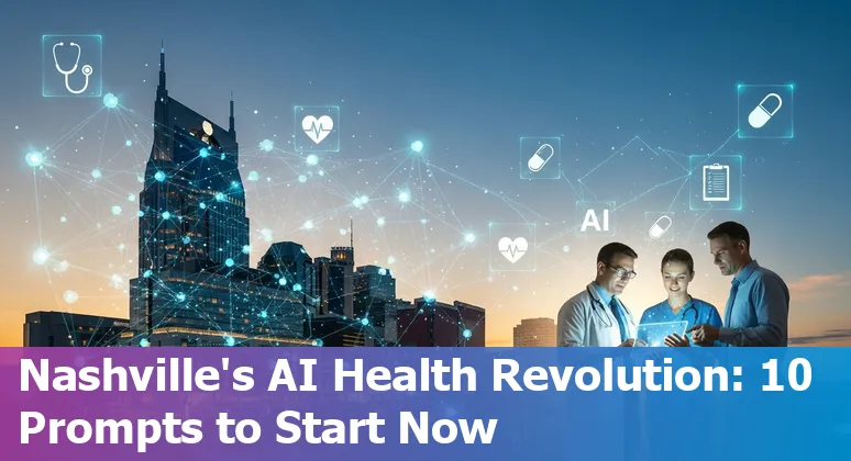 Healthcare professionals in Nashville using AI prompts on laptops, logos of HealthStream, Emids, and PatientPoint in the background