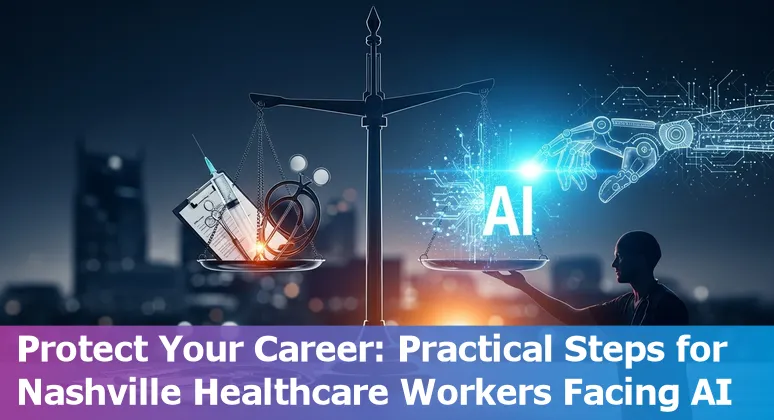 Healthcare worker using laptop in Nashville clinic, representing AI disruption and upskilling.