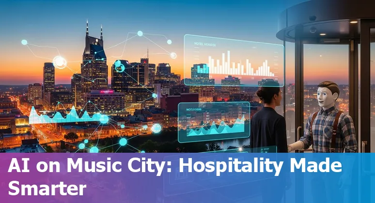 Hotel staff using AI tools in a Nashville, Tennessee hotel lobby with Gaylord Opryland in background