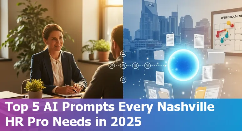HR professional in Nashville using AI prompts on a laptop to draft benefits and hiring communications during Open Enrollment 2025