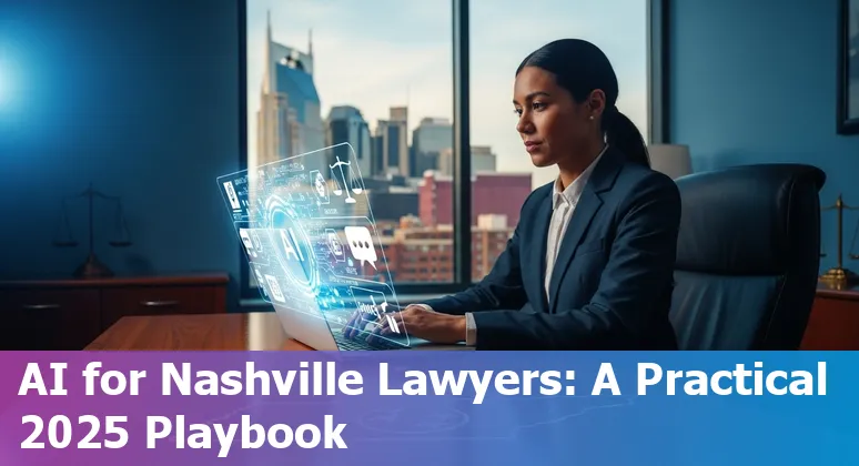Legal professional using AI tools at a Nashville, Tennessee law office desk with event flyers from Vanderbilt and Baker Donelson in background