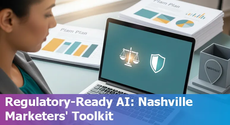 Marketing professional using AI tools at a Nashville, TN workspace with Vanderbilt and Gaylord Opryland visible landmarks.