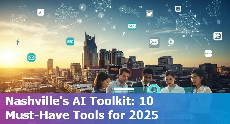 Collage of AI marketing tools logos with Nashville skyline in the background
