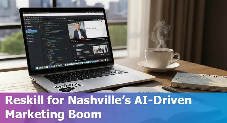 Nashville, TN marketer using AI tools on a laptop with city skyline in the background in Tennessee, US