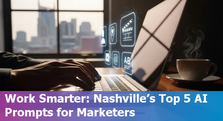 Marketing professional using AI prompts on a laptop with Nashville skyline and music notes in the background