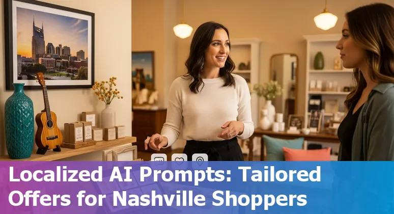 Nashville retail store with AI icons overlay, highlighting personalized recommendations, visual search, and Music City Loop event signage.