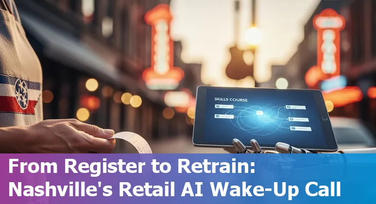 Nashville retail worker using a tablet while AI icons float around, representing jobs and adaptation pathways.