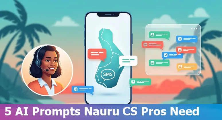 Customer service agent using AI prompts on a laptop with SMS and Facebook Messenger icons, set in Nauru.