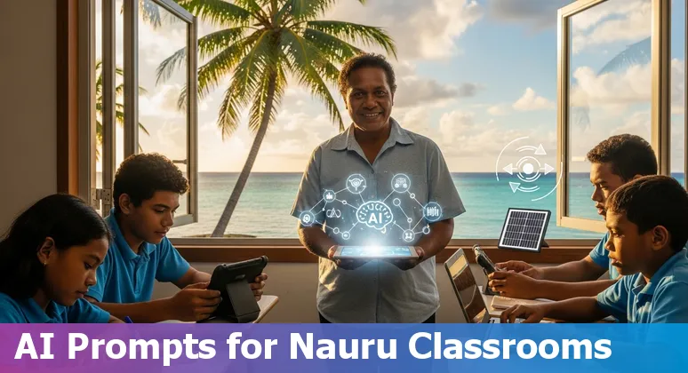 Nauruan teacher using AI tools to prepare printable lesson packs for students in a classroom near the coast