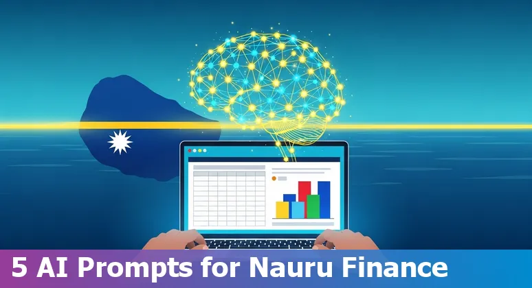 Finance professional in Nauru using AI prompts on a laptop displaying a cash dashboard, forecasts, and AR/AP lists.