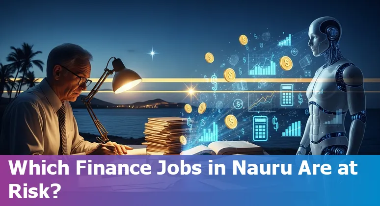Nauru bank worker learning AI tools on a laptop with local island bank branch in background.