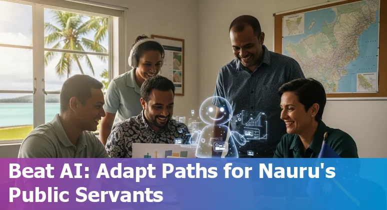 Nauru government office worker using an AI assistant on a laptop with a map of Nauru nearby