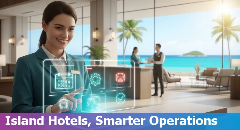 Hotel staff using AI check-in kiosk and energy dashboard at a hospitality property in Nauru, NR