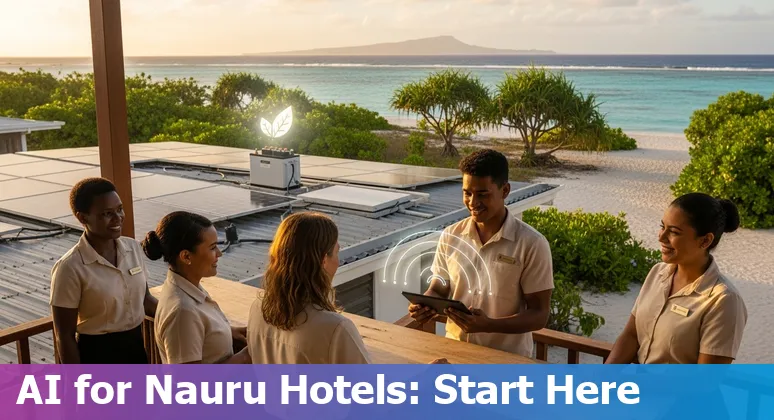 Menen Hotel front desk in Nauru using a low-bandwidth AI tablet for guest check-in and local tour info