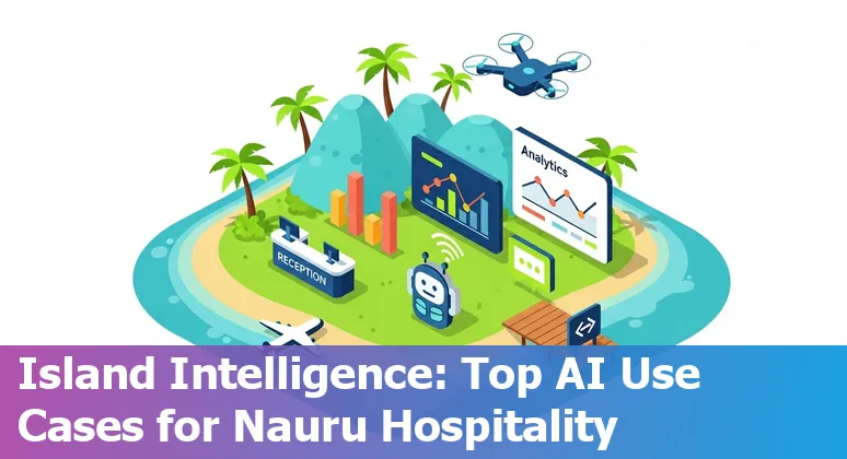 Hotel staff using an AI-powered mobile concierge app with a Nauru coastal backdrop