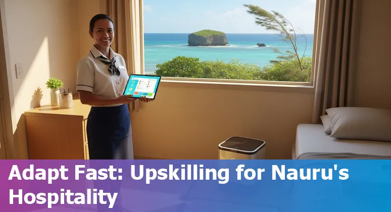 Hospitality worker helping guests at a small island hotel front desk in Nauru, symbolizing adaptation to AI