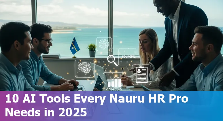 HR professional using AI tools on mobile and laptop with a small map of Nauru in the background