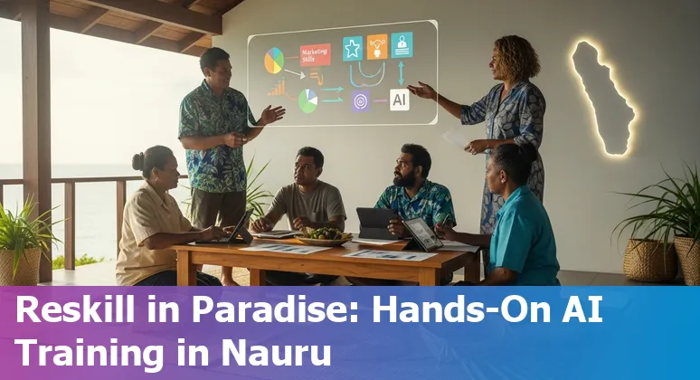 Marketer using AI tools on a laptop with a map of Nauru visible — illustration for Nauru marketing article