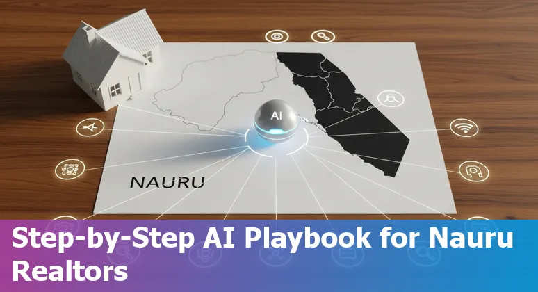 Real estate agent using AI templates on a laptop with coastal Nauru shoreline in the background