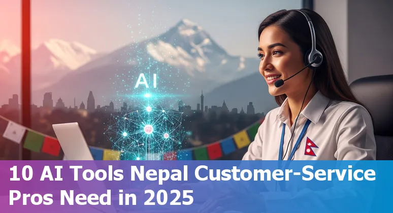 Customer service agents in Nepal using AI tools like Crescendo.ai, Freshdesk, Zendesk and Salesforce on laptops with Nepali flags.