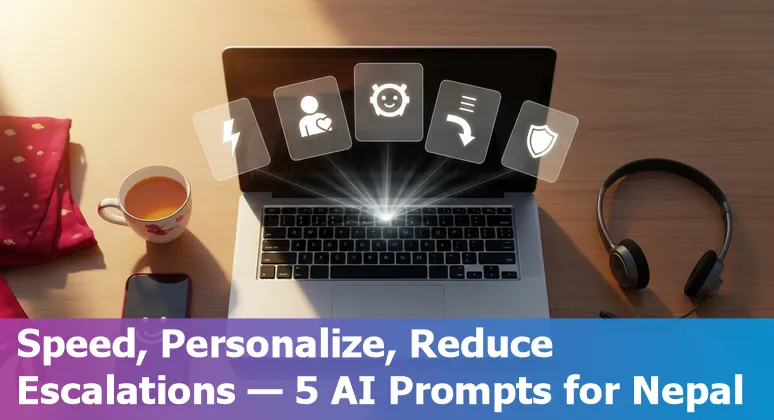 Customer service agent using AI prompts on laptop with Nepali greeting 'Namaste' on screen